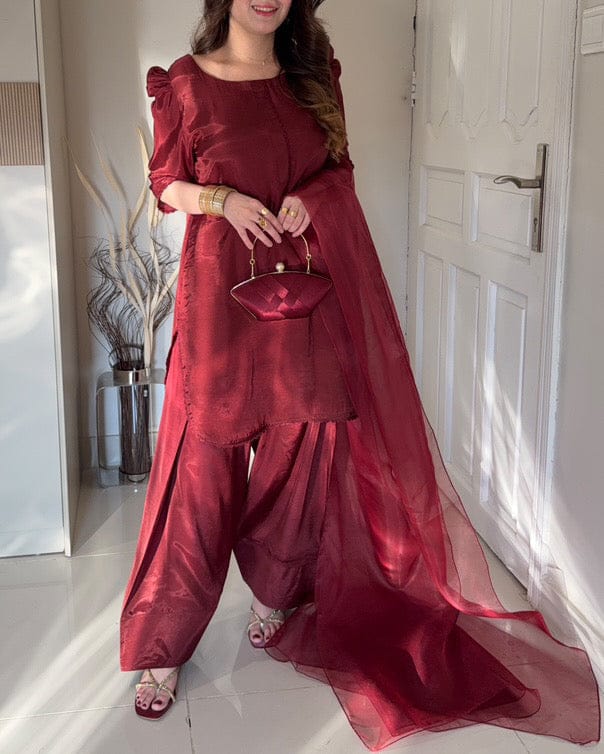 SILK MAHROON LUXURY 3PC WITH FARSHI SHALWAR