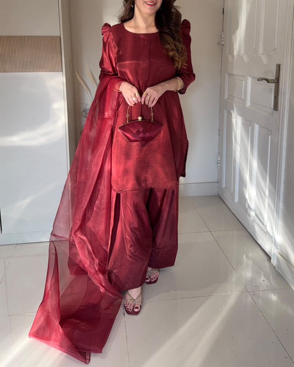SILK MAHROON LUXURY 3PC WITH FARSHI SHALWAR