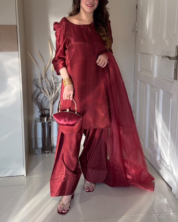 SILK MAHROON LUXURY 3PC WITH FARSHI SHALWAR